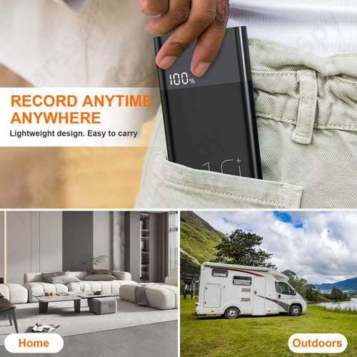 Power bank hidden camera shown in pocket for discreet recording anytime, anywhere, with lightweight design and versatility.