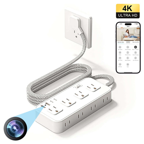 1080P WiFi Power Strip Camera - US Standard with Motion Alerts for Home Security featuring a hidden camera and multiple outlets.