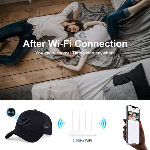 1080P WiFi Flag Baseball Cap Camera with Remote Access and Motion Sensing shown in a lifestyle setting with Wi-Fi connection.
