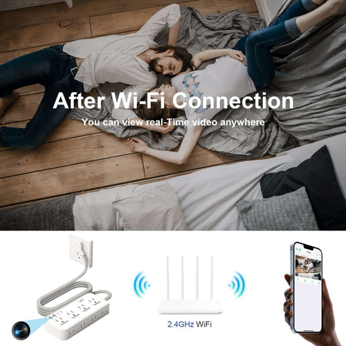1080P WiFi Power Strip Camera - US Standard with Motion Alerts for Home Security, showing real-time video streaming setup.
