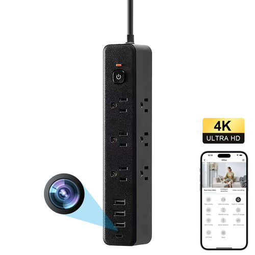 1080P WiFi Power Strip Camera with USB PD Charging and Motion Notifications showing USB ports and hidden camera features.