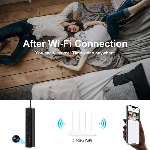 1080P WiFi Power Strip Camera with USB PD Charging and Motion Notifications for real-time video anywhere.
