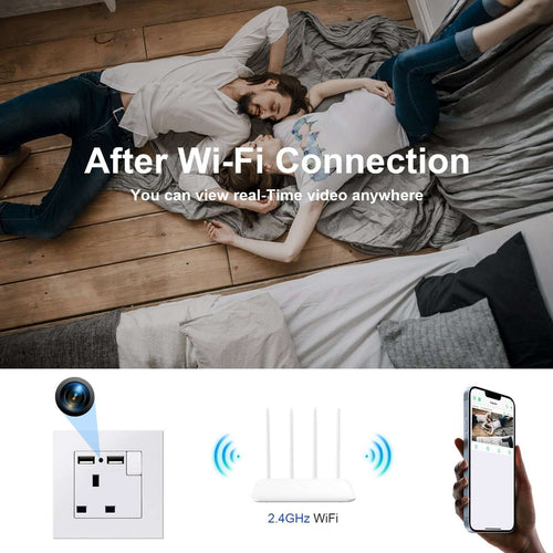 1080P WiFi 13A Wall Socket Camera with Dual USB Quick Charger and Motion Detection in living room with WiFi connectivity