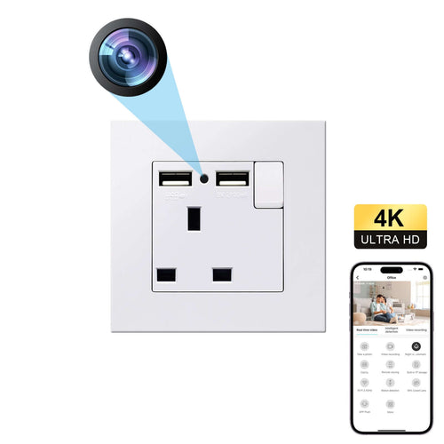 1080P WiFi 13A Wall Socket Camera with Dual USB Quick Charger and Motion Detection with integrated camera.