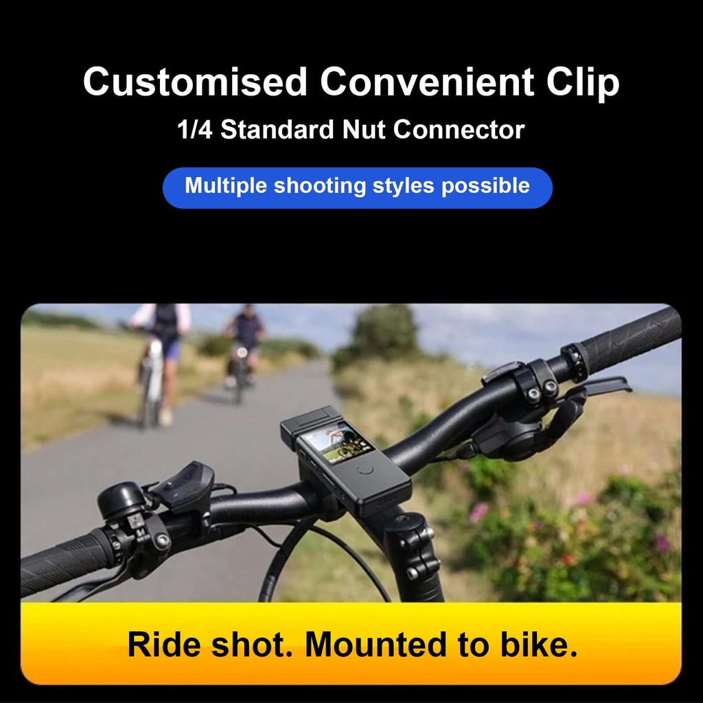 Customized clip-on mount for versatile shooting styles on bike handlebars, showcasing a body camera setup.
