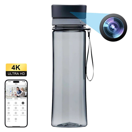 Water bottle with embedded 1080P camera, showcasing WiFi connectivity and user interface on a smartphone.