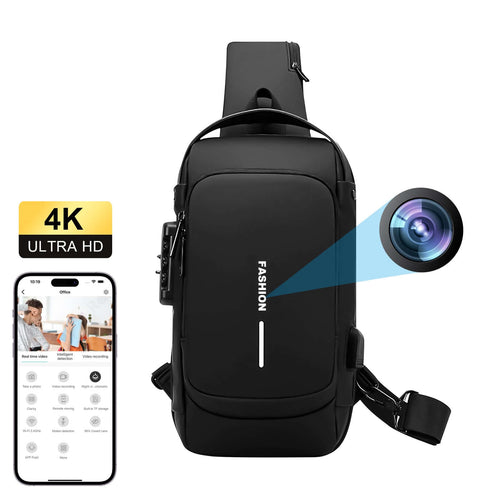 1080P WiFi backpack camera in sleek design, features motion detection & discreet lens, displayed beside smartphone app.