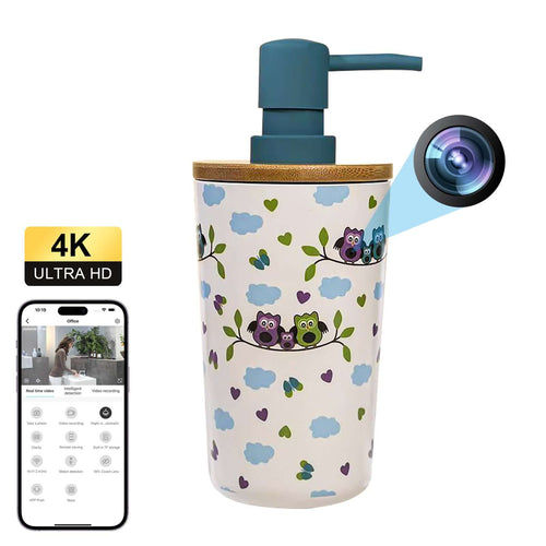 Covert push-pump bottle spy camera with 4K resolution, featuring a decorative owl design and an integrated pinhole lens.