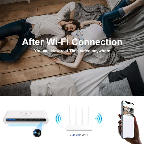 Couple relaxing on bed with Wi-Fi-enabled camera and smartphone for real-time video viewing.