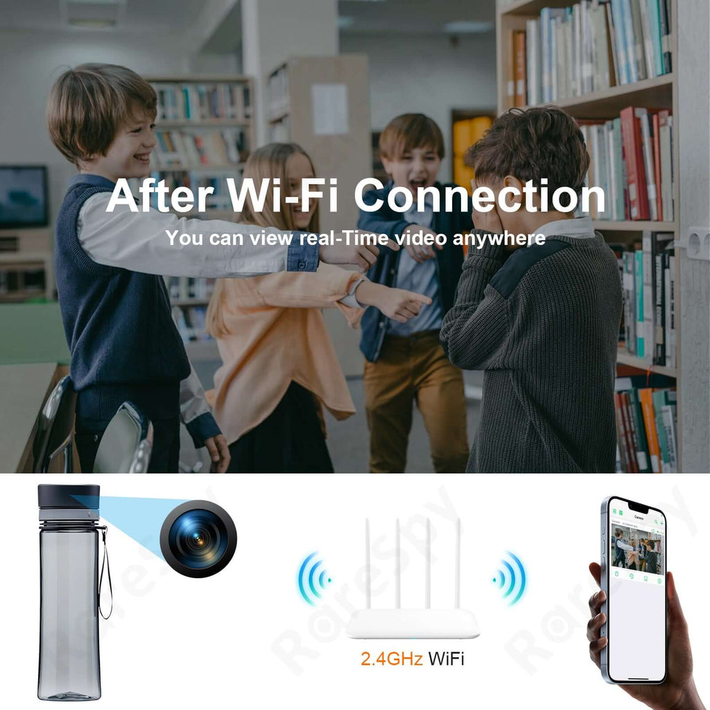 A water bottle with a hidden camera showcases its 1080P WiFi capability and real-time video streaming among children.