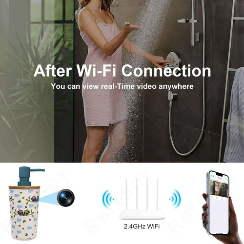 Push-pump bottle spy camera with Wi-Fi connection for real-time video streaming anywhere.