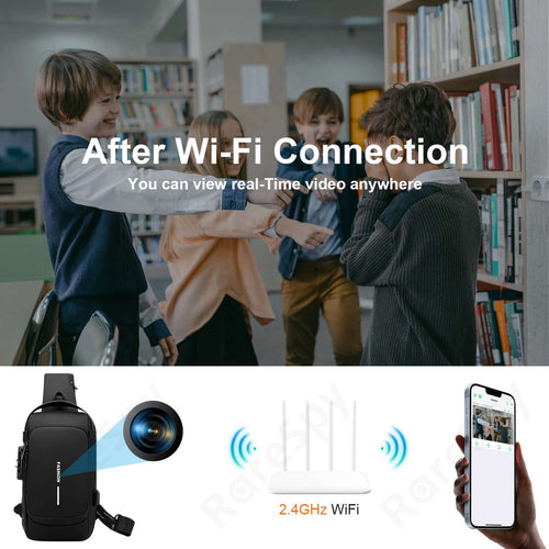 WiFi backpack camera demonstration with kids; shows 1080P video streaming and WiFi connectivity feature.