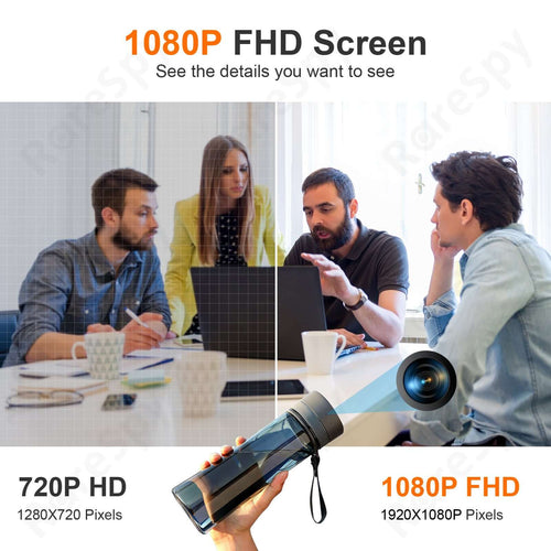 Infographic comparing 720P HD and 1080P FHD screen resolutions with a water bottle camera illustrating video quality.