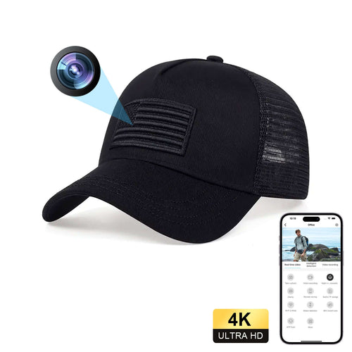 1080P WiFi Flag Baseball Cap Camera with Remote Access and Motion Sensing showing hidden camera and smartphone connection