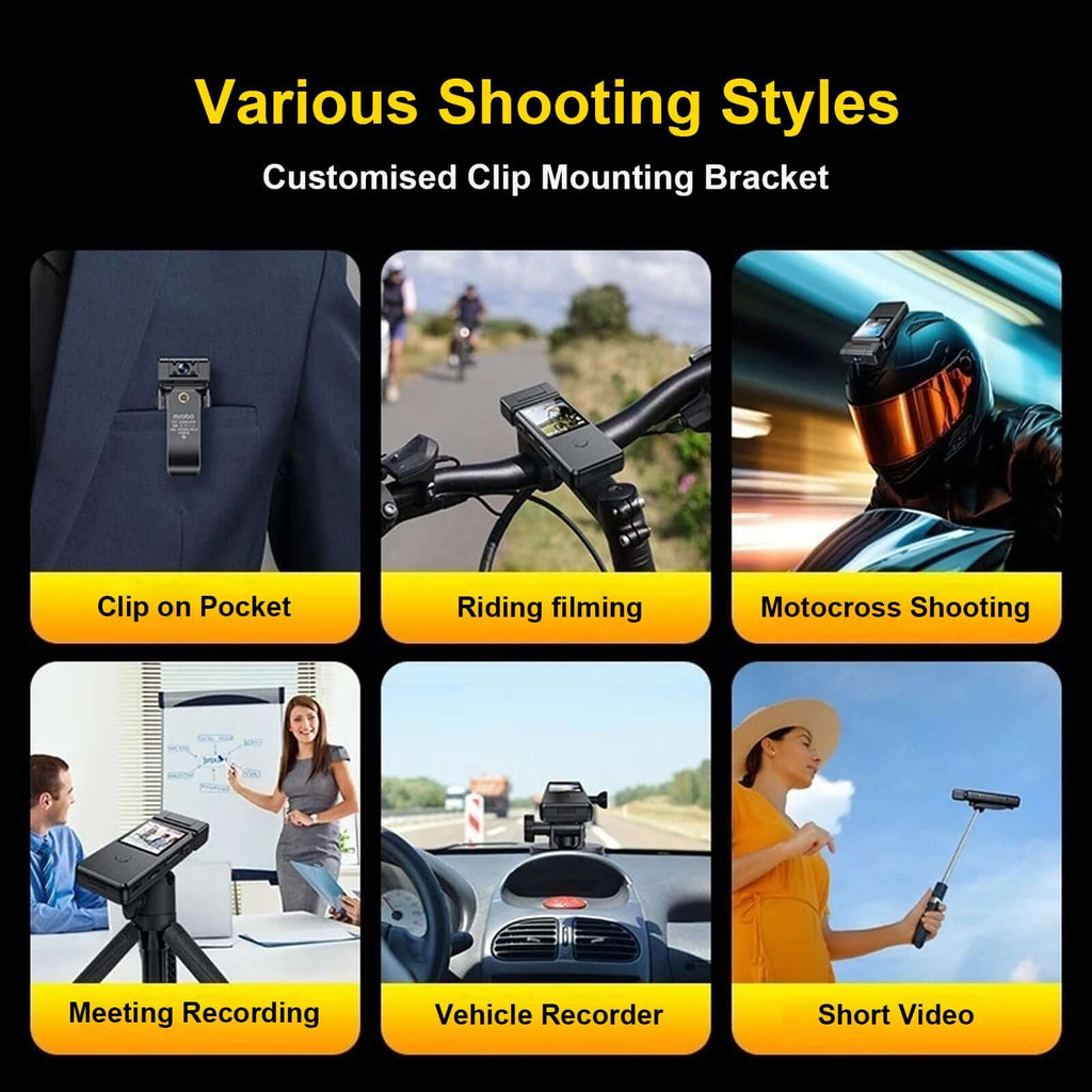 Collage showcasing various shooting styles using the Ultra HD Body Camera's clip mounting bracket.