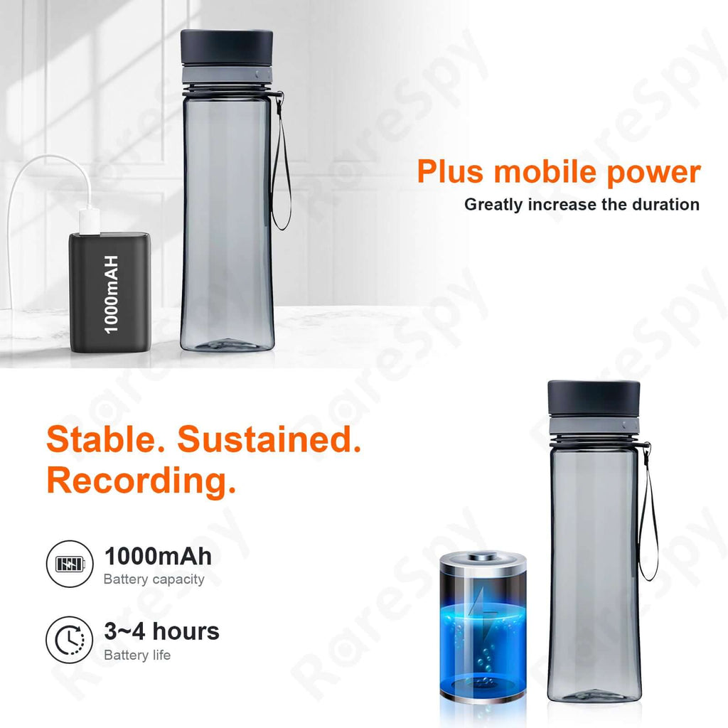 Infographic showing water bottle with 1000mAh battery, highlighting mobile power for extended recording and motion detection.