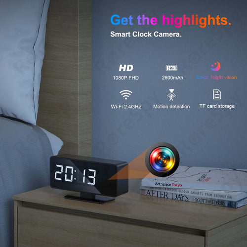 WiFi electronic clock hidden camera with full-color night vision for discreet monitoring and motion detection.