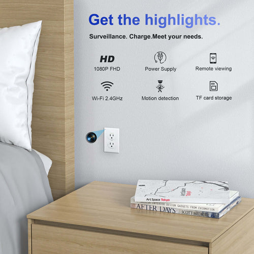 American style socket WiFi hidden camera with 1080P FHD video, remote viewing, and motion detection features.