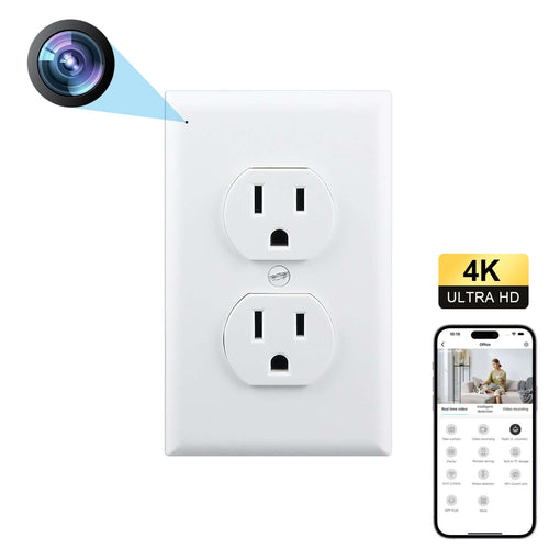 American-style wall outlet with hidden 4K camera and smartphone app for remote access and monitoring.