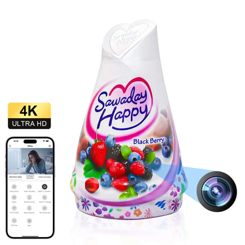 Fully concealed WiFi camera disguised as a deodorizer air freshener in 4K Ultra HD with a berry scent.
