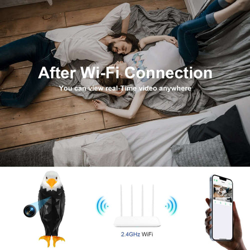 Couple relaxing at home with Eagle Wall Lamp WiFi camera and smartphone showing live video feed.