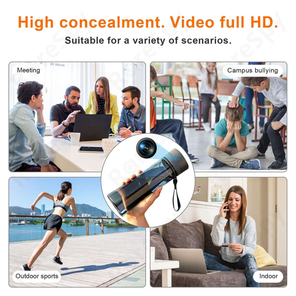 Image showcasing a water bottle with a hidden 1080P WiFi camera, suitable for meetings, outdoor sports, and indoor use.