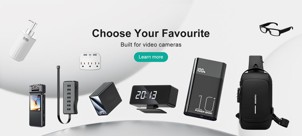Various tech accessories for video cameras, including chargers and backpacks, displayed with the text 'Choose Your Favourite'.