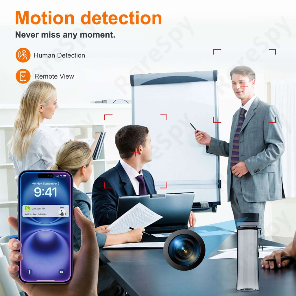 Infographic on motion detection features, showcasing human detection & remote view with a WiFi camera in a meeting setting.