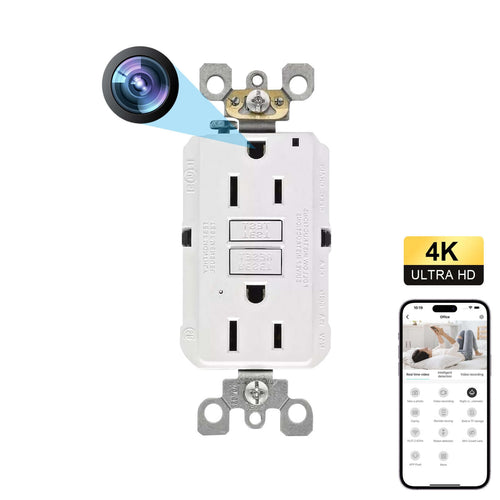 Discreet GFCI outlet with hidden 4K HD spy camera and smartphone app for remote monitoring.