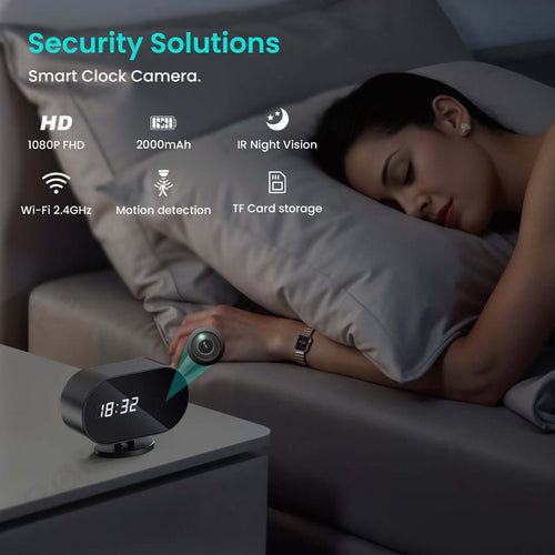 The Guardian Clock: Discreet 4K WiFi Security Camera with features like Wi-Fi, HD, and motion detection.