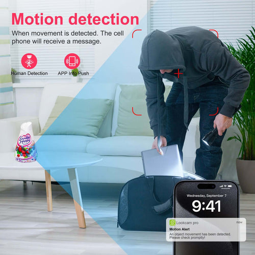 Motion detection alert for hidden WiFi camera disguised as air freshener, showing user receiving notifications.