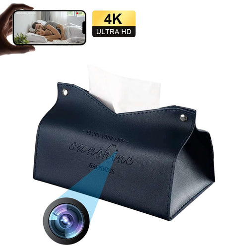 Luxury tissue box with hidden camera, featuring 4K HD recording and sleek design for discreet surveillance.