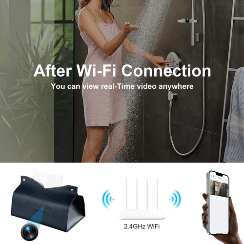 Luxury tissue box hidden camera streaming via WiFi, showcasing real-time video access and discreet design.