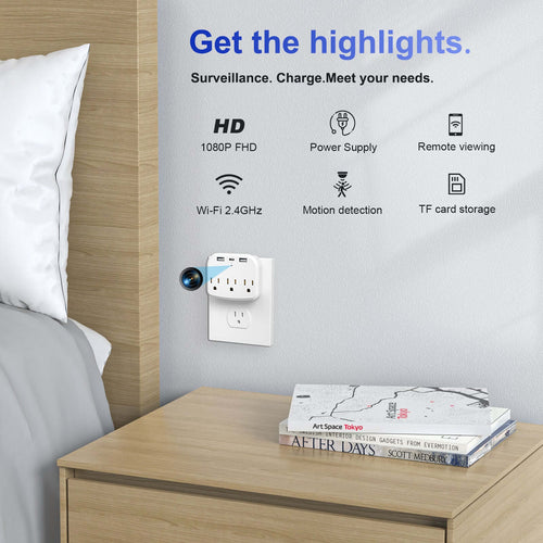 WiFi multifunctional wall socket hidden camera with USB charging, motion detection, and 1080P HD recording in a modern bedroom setting.