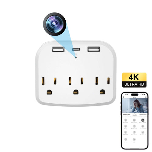 WiFi multifunctional wall socket with USB ports and hidden 4K camera for discreet surveillance.