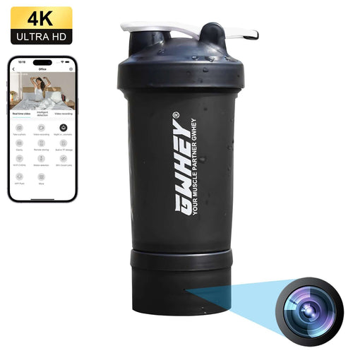 Protein shaker bottle with WiFi hidden camera, featuring 1080P HD, 64GB storage, and motion alerts for discreet surveillance.