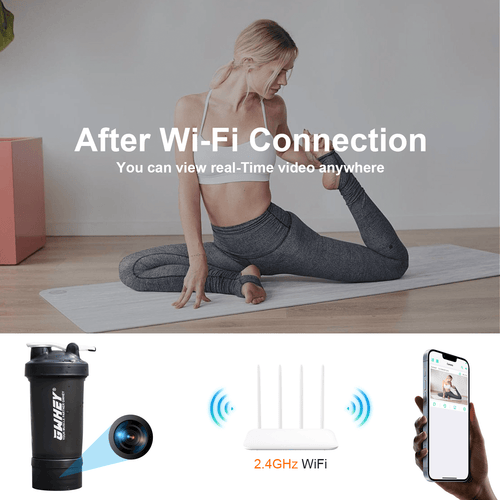 Protein shaker bottle with hidden camera, showing WiFi connectivity for real-time video monitoring at the gym.