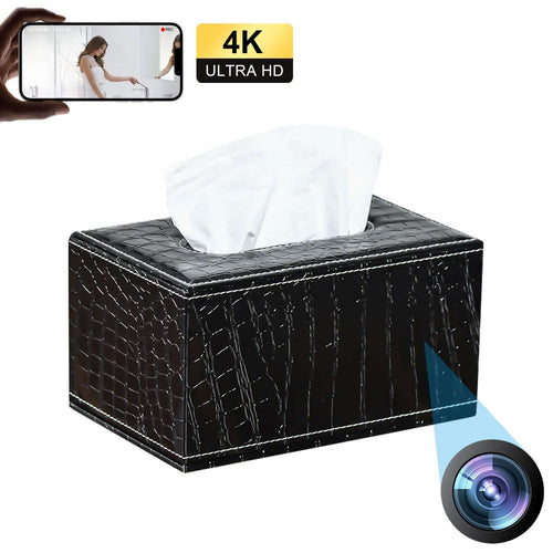 Stylish leather tissue box with hidden 4K HD camera for discreet home surveillance
