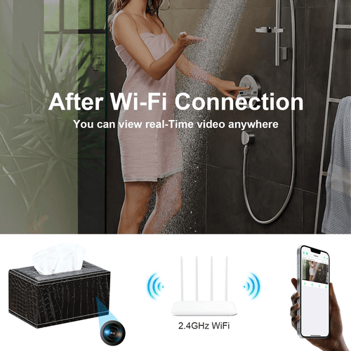 Stylish leather tissue box with hidden camera, showcasing Wi-Fi connection for real-time video streaming.
