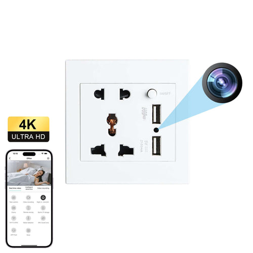 Universal Wall Outlet Camera with Dual USB Charger and 1080P Motion Detection integrated into a wall socket.