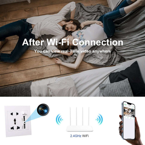 Universal Wall Outlet Camera with Dual USB Charger and 1080P Motion Detection showing real-time video streaming via Wi-Fi.