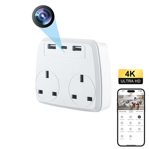 WiFi 1080P UK Wall Outlet Camera with USB Ports for Remote Home Monitoring featuring hidden camera and USB ports.