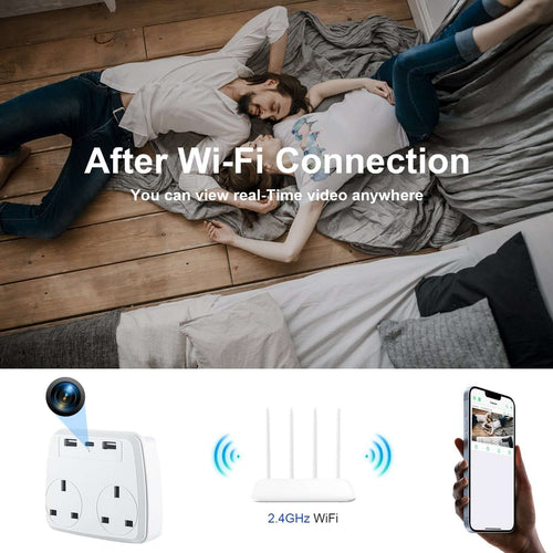 WiFi 1080P UK Wall Outlet Camera with USB Ports for Remote Home Monitoring for real-time surveillance and connectivity.