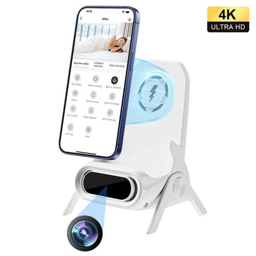 WiFi 1080P Wireless Charger Camera with Motion Detection for Home Security, stylish design with smartphone displaying features.