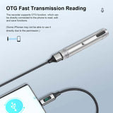 Silver digital voice recorder pen connected to a smartphone for OTG fast transmission reading.