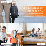 1080P WiFi backpack camera displayed in outdoor and indoor settings; showcases covert design for security and surveillance.