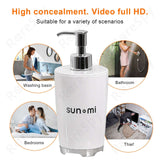 Hand sanitizer pinhole spy camera showcasing discreet design for home surveillance scenarios like bathrooms and bedrooms.