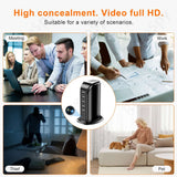 5-Port USB charging tower spy cam shown in various scenarios like meetings, work, and detecting a thief.