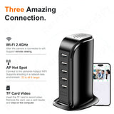 5-Port USB Charging Tower with Wi-Fi 2.4GHz, AP hotspot, and TF card for hidden camera remote viewing.