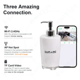 Hand sanitizer camera with Wi-Fi connection and app interface for remote viewing and TF card video features.